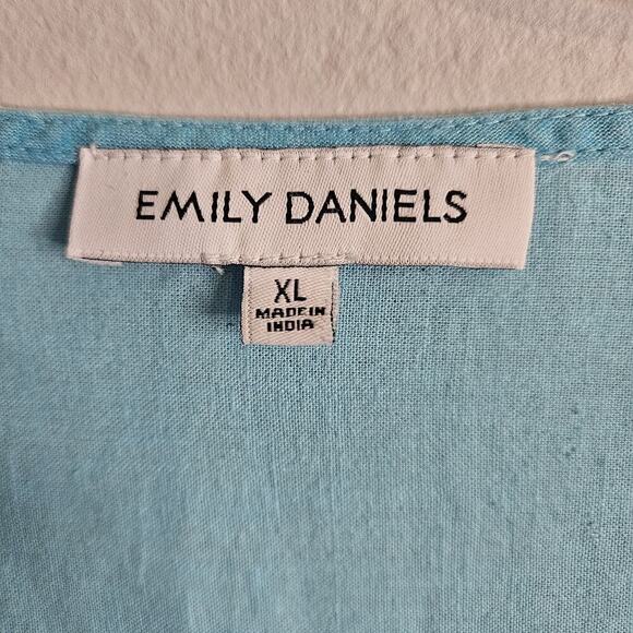 Emily Daniels Women's XL Blouse, Aqua Woven Linen Blend 3/4 Roll-tab Sleeves - Picture 10 of 12